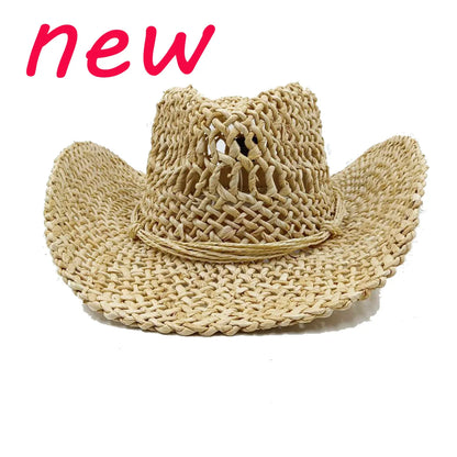Chapeau de paille de cowboy vert matcha, tissé à la main, creux, pour hommes et femmes, chapeau de soleil d'été, chapeau de paille de cowboy occidental
