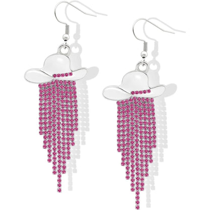 Boucles d'oreilles pendantes de cowgirl de l'Ouest, Chapeau en émail, Pendentif à pompon strass scintillant, Bijoux pour femmes pour bal, concerts country, rodéo, cow-boy
