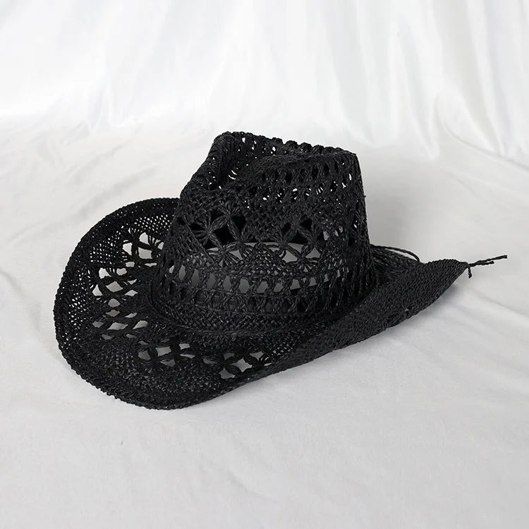 Chapeau de paille de cowboy vert matcha, tissé à la main, creux, pour hommes et femmes, chapeau de soleil d'été, chapeau de paille de cowboy occidental