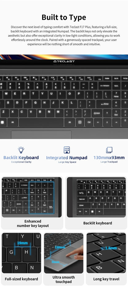 Teclast F17Plus Laptop 17.3 inch, 16GB RAM 512GB SSD, Intel N95, Windows 11 Pro Notebook, 180° Flip Laptops Computer, Backlit Keyboard, mini-HDMI，USB 3.2x3