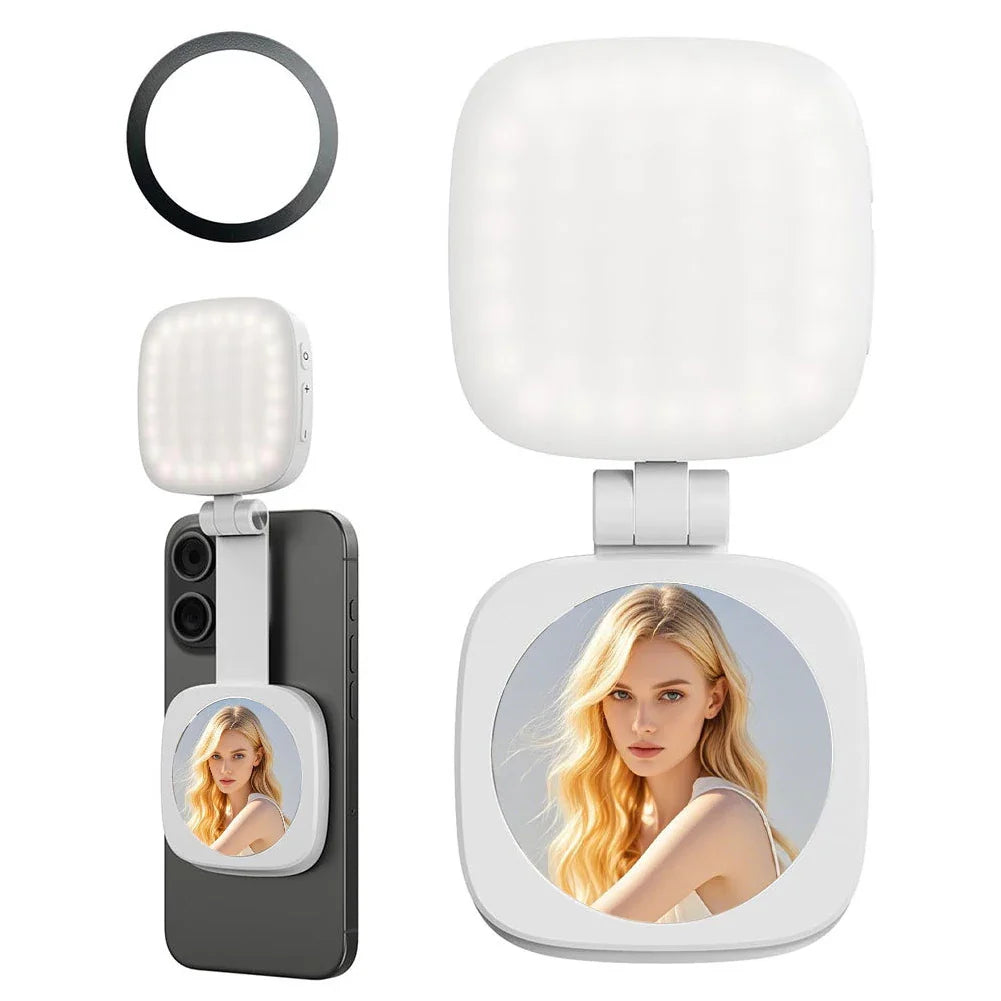 Magnetic Phone Selfie Light Mobile Phone Fill Light with Mirror Folding LED Phone Fill Light Rechargeable for Makeup Photography
