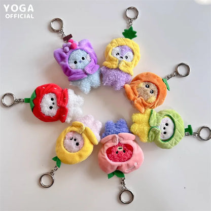 Anime BT21 Plush Pendant Cartoon Tata Koya Doll Keychain Cute Fruit Hood Series Key Chain Wholesale Girl Bag Pendant Gift