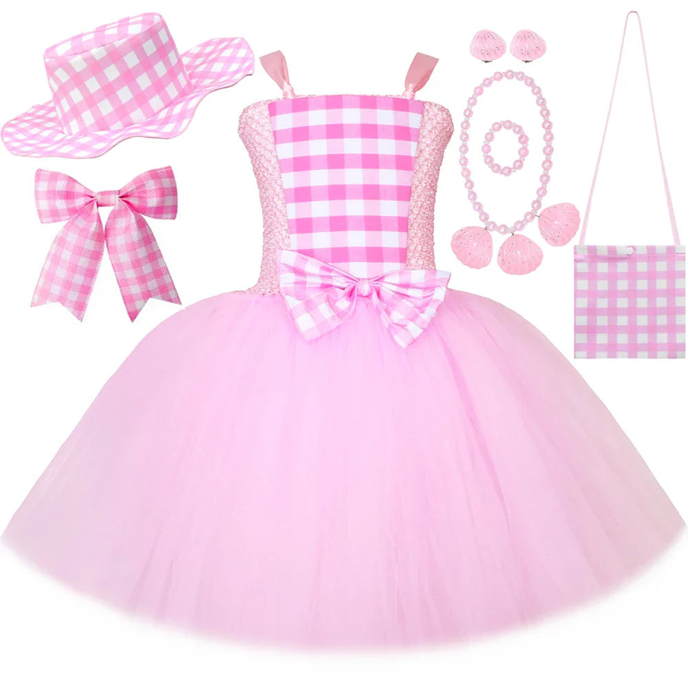 Movie Barbi Costume for Girls Margot Robbie Pink Plaid Tulle Tutu Dress Kids Halloween Birthday Party Princess Dress Up Clothes