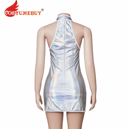 Austin Powers Elizabeth Hurley Cosplay Costume Sexy Female Vanessa Kensington Silver Strappy Halter Slim Mini Dress forHalloween