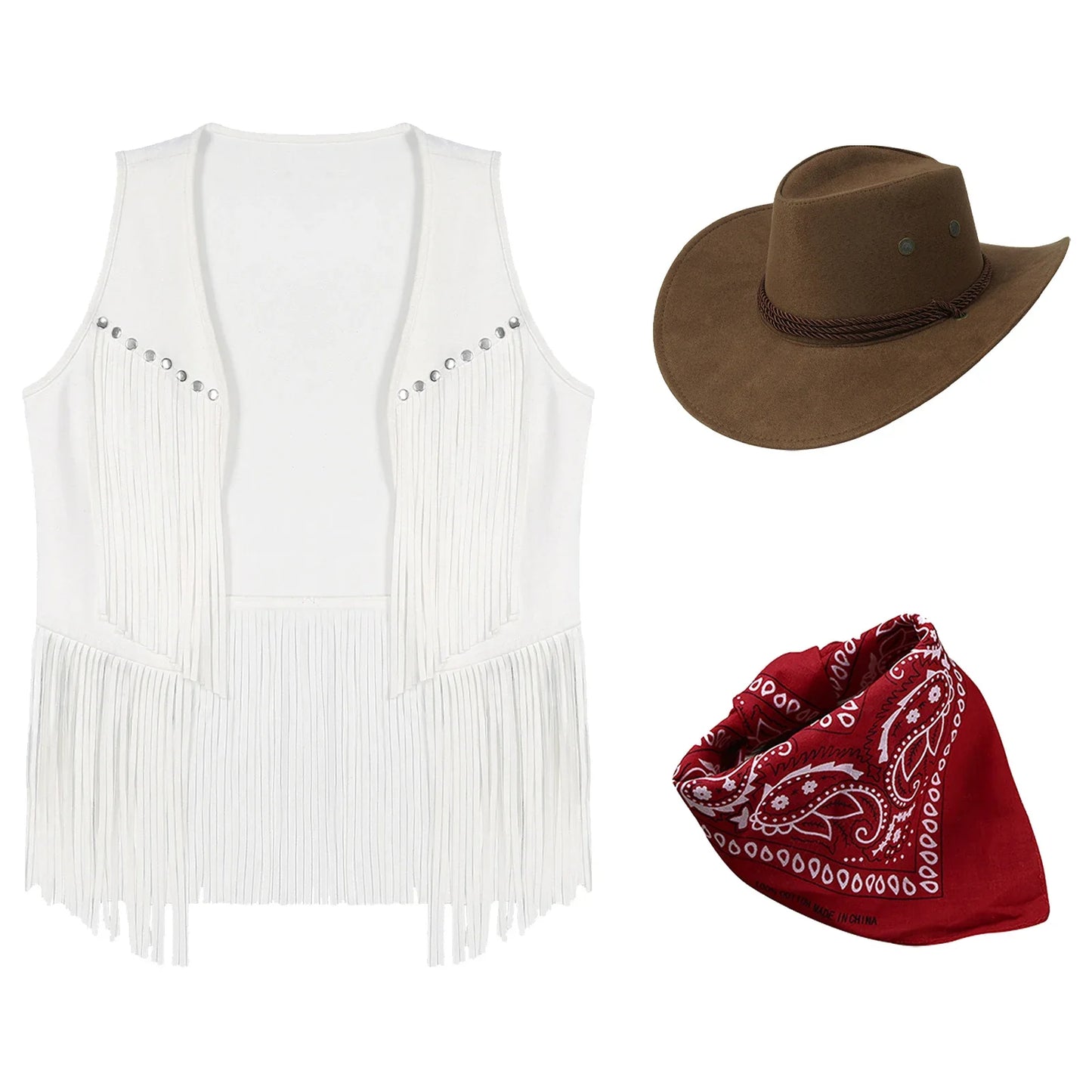Women Cowboy Vest Halloween Party Western Cowgirl Cosplay Costume Faux Suede Tassel Fashion Rivets Waistcoat with Bandanna Hat