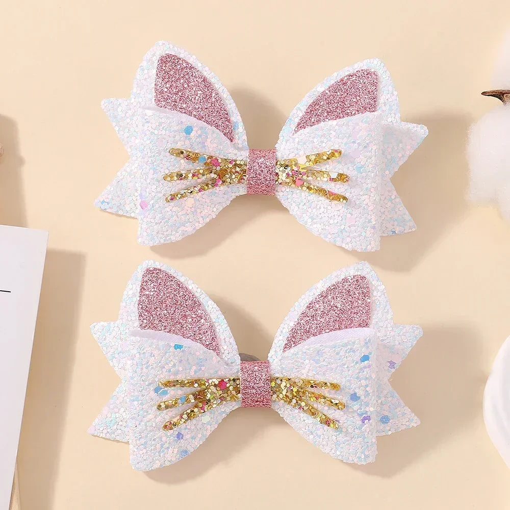 2 Paires de Barrettes Nœud Papillon Paillettes Arc-en-ciel pour Cheveux de Fille, Pinces à Cheveux pour Animaux, Nœuds de Cheveux pour Enfants