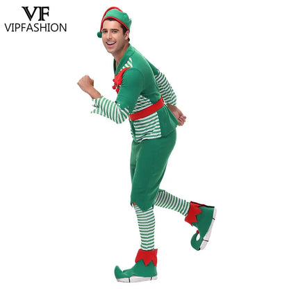 VIP FASHION Men Christmas Elf Costume with Hat Stockings Shoe Covers Belt Fancy Xmas Party Dress Up Outfit Male Festival Clothes