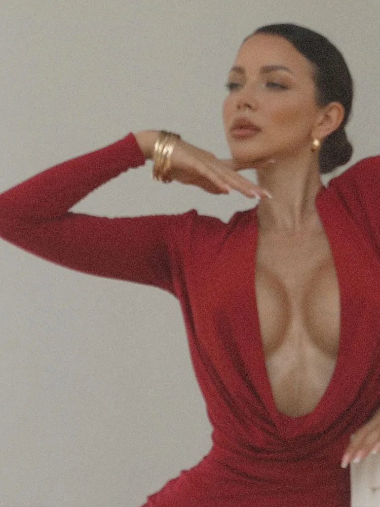 Robes de soirée longues à manches pour femmes, col en V profond, moulantes, hanche ronde, robes féminines, vêtements de soirée sexy, unies, tendance