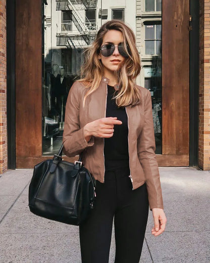 Women Pu Jacket Vintage Streetwear Stand Collar Zipper Leather Moto Biker Coats Punk Casual Female Tops Spring Short Outerwear