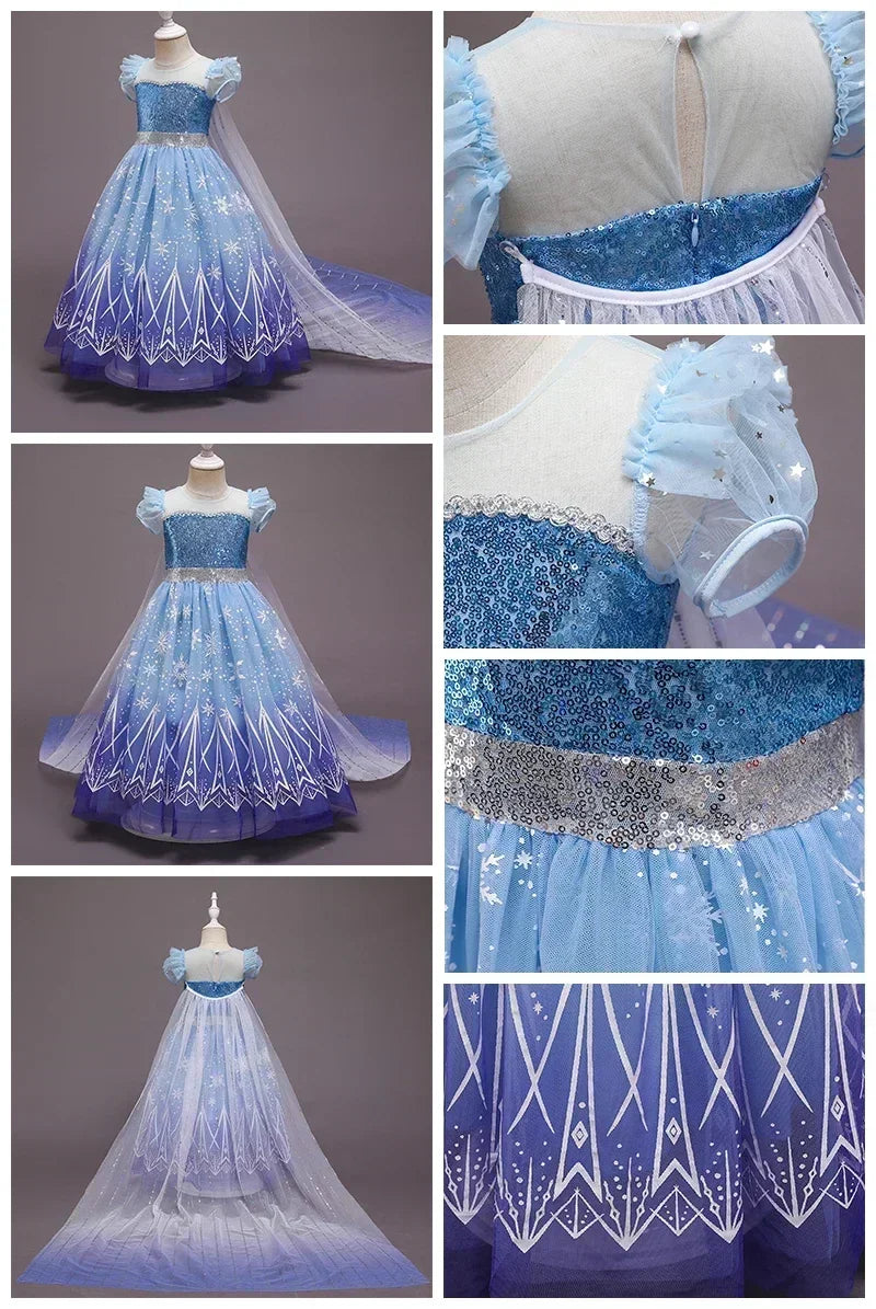 Elsa Dresses for Girls Princess Party Elsa Costume Snow Queen 2 Cosplay Elza Vestidos Hair Accessory Set Halloween Girls Clothes