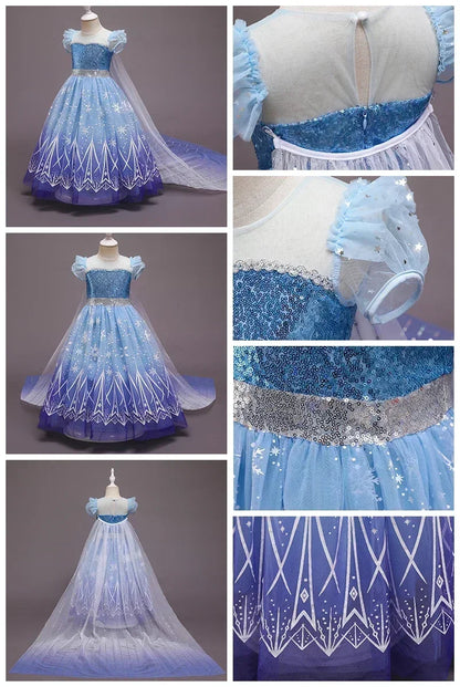 Elsa Dresses for Girls Princess Party Elsa Costume Snow Queen 2 Cosplay Elza Vestidos Hair Accessory Set Halloween Girls Clothes