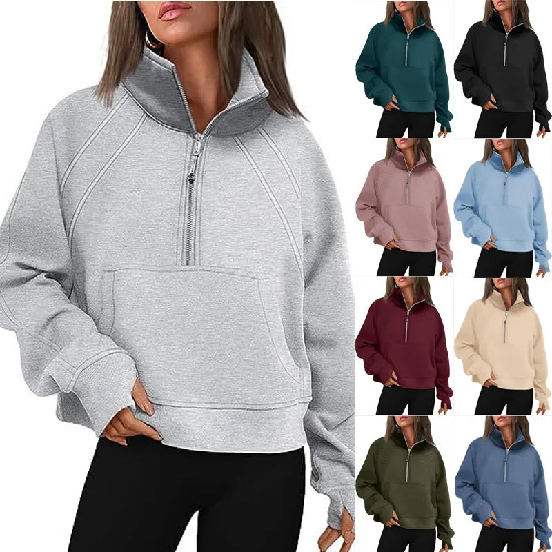 Sweat-shirt à col montant pour femme, sweat à capuche pour document solide, manches longues, poche adt, demi-fermeture éclair, pull sportif, haut streetwear, printemps, automne