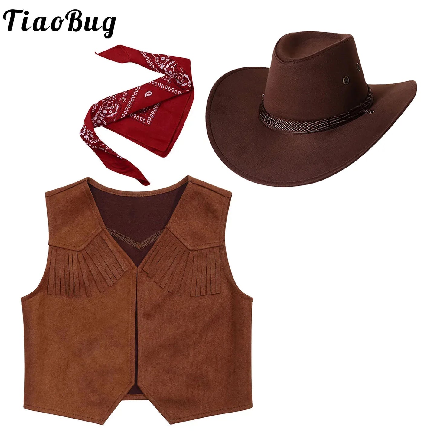 Wild West Cowboy and Cowgirl Costume, Halloween Outfit, Fringe Sleeveless Vest with Bandana and Hat