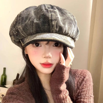 Bérets en velours côtelé rétro brodés avec lettres mignonnes pour femmes, petit chapeau de peintre littéraire polyvalent et décontracté pour printemps et automne
