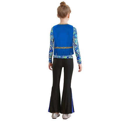 Girls Halloween Disco Hippie Western Cowgirl Carnival Cosplay Costume Printed Shirt Tops with Tassels Vest And Flared Pants Set