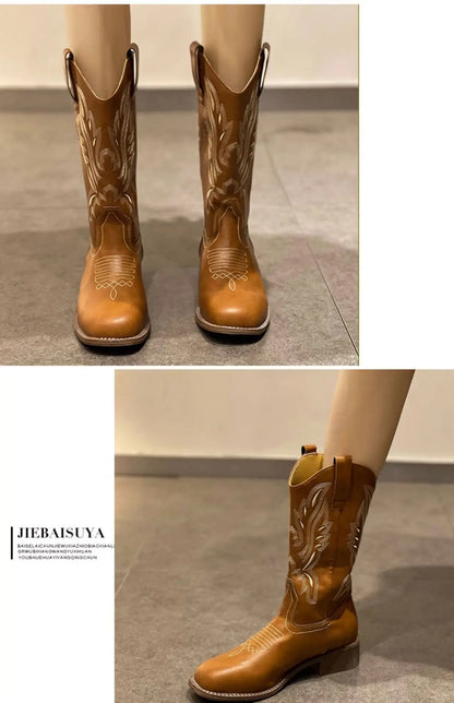 Versatile Western Cowboy Boots Summer Coarse Heel Embroidered Sleeve Knight Boots Mid Barrel Square Head Horseshoe Large
