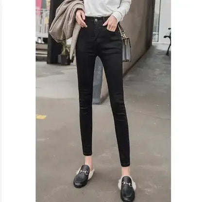 WinterFleece-Lined Thickened High-Waisted Jeans Women's Korean Style Black Slimming Trousers Student Elastic Long Pants