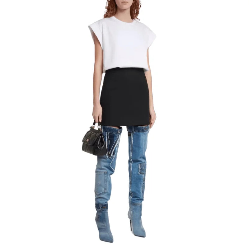 Bottes de cow-girl au dessus du genou en denim délavé pour femmes, chaussures chic à talon aiguille épicé Y2K et bout pointu avec poches épissées, 2024