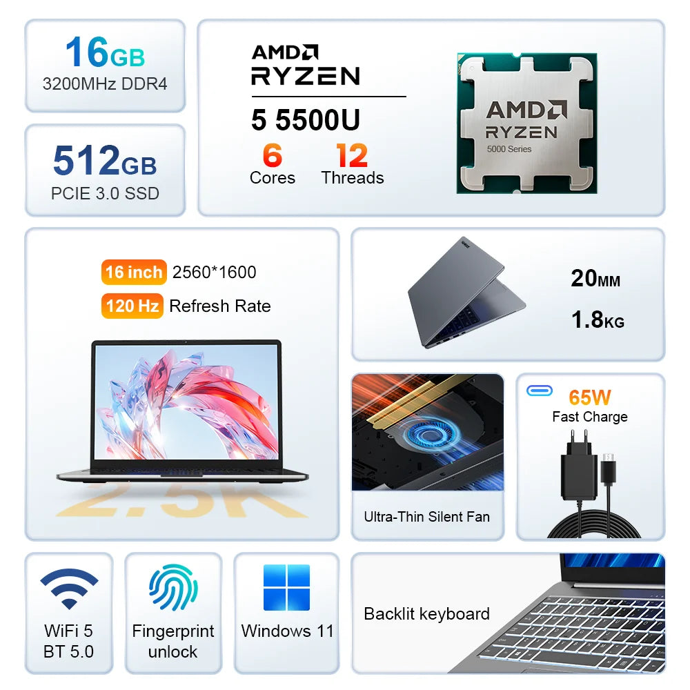 Ninkear A15 Pro Laptop AMD Ryzen 5 5500U 16 inch 120Hz 2560*1600 Display Screen 16GB 512GB Fingerprint Unlock Notebook Computer