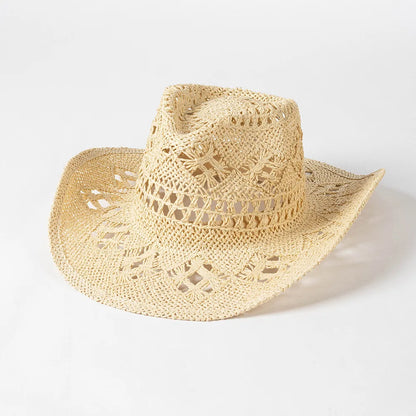 Chapeau de paille de cowboy vert matcha, tissé à la main, creux, pour hommes et femmes, chapeau de soleil d'été, chapeau de paille de cowboy occidental