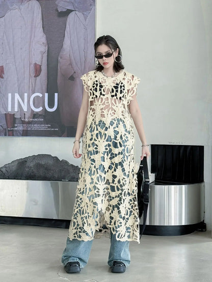 [EWQ] Chic belle Robe européenne à la mode femmes vêtements crochet à motifs découpe Robe sans manches Robe noire 2025 été nouveau