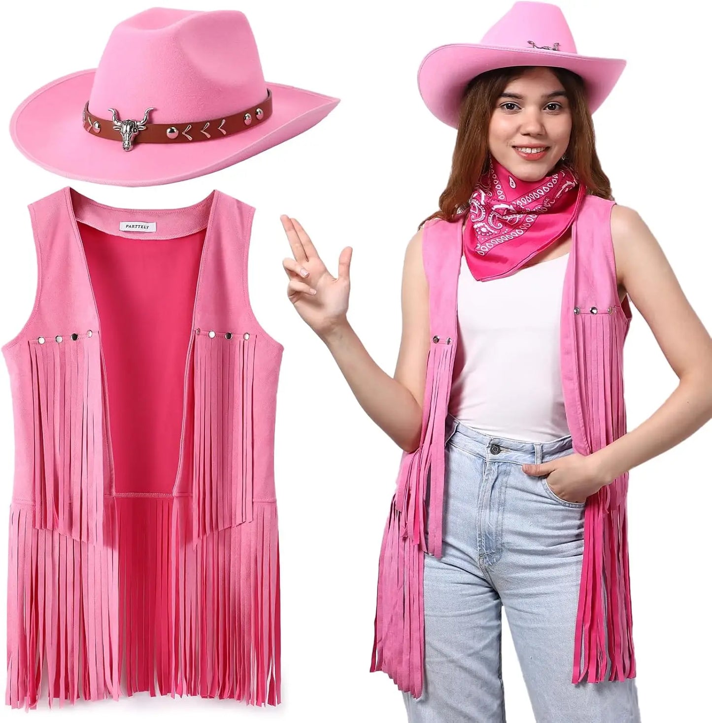Women's Cowgirl Costume 3 Pcs Faux Suede Fringe Vest with Rivets Cowboy Hat Carnival Party Outfit Clubwear