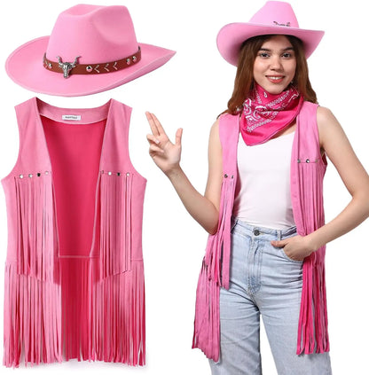 Women's Cowgirl Costume 3 Pcs Faux Suede Fringe Vest with Rivets Cowboy Hat Carnival Party Outfit Clubwear