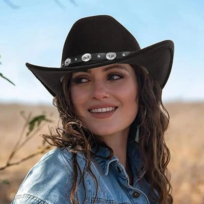 Chapeau de cowboy occidental classique noir confortable, à bord retroussé, avec boucle de ceinture, pour femme, Fedora, Sombrero, Jazz, Cowboy