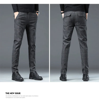 Autumn Winter New Fleece Thickened Casual Pants Men Business Straight Slim Plaid Pants Black Gray Men's Warm Trousers
