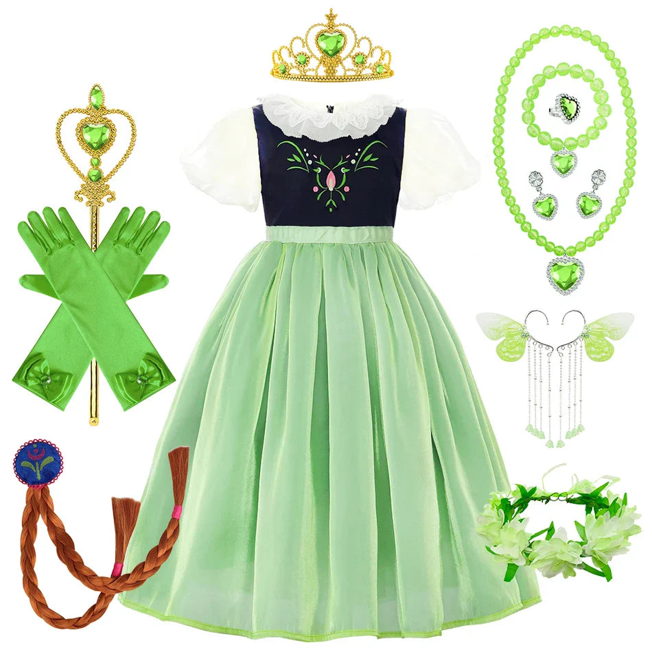 Robe de princesse de cosplay Anna pour filles, costume en maille à manches lanternes, pour fête d'anniversaire, carnaval, Halloween, robe de bal pour enfants
