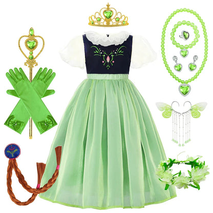 Robe de princesse de cosplay Anna pour filles, costume en maille à manches lanternes, pour fête d'anniversaire, carnaval, Halloween, robe de bal pour enfants