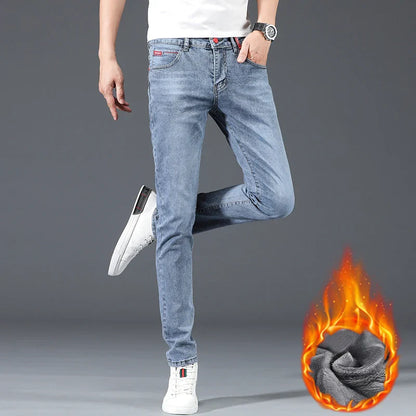 Jean skinny homme polaire hiver chaud uni coréen tendance slim pantalon denim homme épaissi extensible coupe crayon vêtements homme