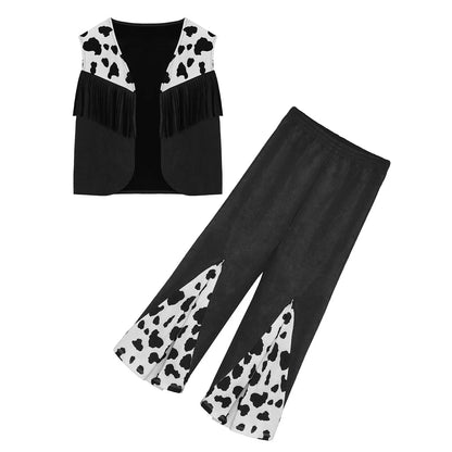 Enfants enfant Halloween Western Cowboy Cowgirl Cosplay Costume imprimé vache gilet à pampilles et ensemble de pantalon évasé Carnaval fête habiller