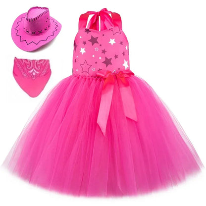 Movie Cowgirl Barbi Costume for Girls Princess Dress Hot Pink Plaid Margot Robbie Tutu Dress Kids Birthday Party Tulle Dresses