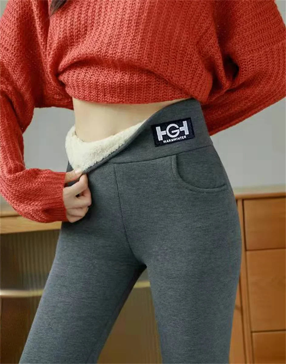 Hiver femmes Leggings solide chaud Leggings épaissir laine d'agneau taille haute polaire garder bout à bout haute extensible pantalon de marche poche
