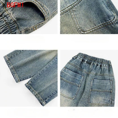 Korean Children's Denim Overalls Spring Autumn Casual Jeans Wide Denim Pants Wide Leg Jeans for Kids Loose Streetwear Trouser