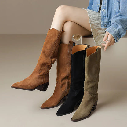 Bottes de Cowboy en Daim de Vache à Talons Hauts pour Femme, Style Vintage, Style Country Western, à la Mode, Automne Hiver