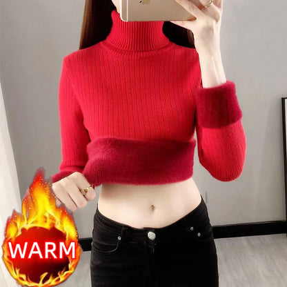 Turtleneck Winter Sweater Women Elegant Thicken Velvet Lined Warm Sueter Fleece Knitted Pullover Slim Top Jersey Knitwear Jumper