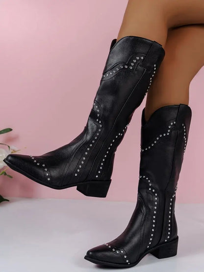 Retro Rivet Mid Calf Cowboy Boots for Women 2024 Autumn  Chunky Heels Western Boots Woman Slip on Pointed Toe Cowgirl Boras