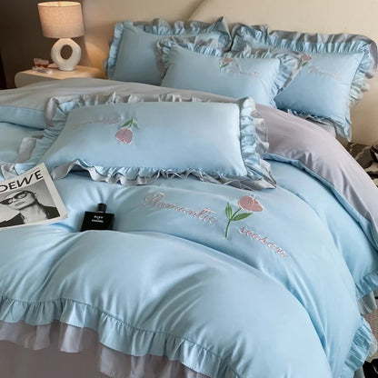 Elegance French Style Bedding Set Duvet Cover Set High Quality  2024 New Lace Princess Embroidery Double Layer Edge King Queen