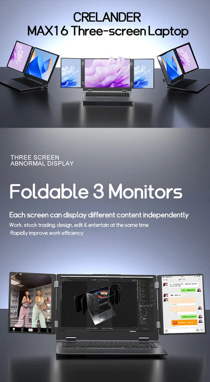CRELANDER MAX16 New Laptop Triple Screen Intel Core i7 CPU 16 inch +dual 10.5 inch Face Recognition RJ45 M2 SSD Notebook Laptop