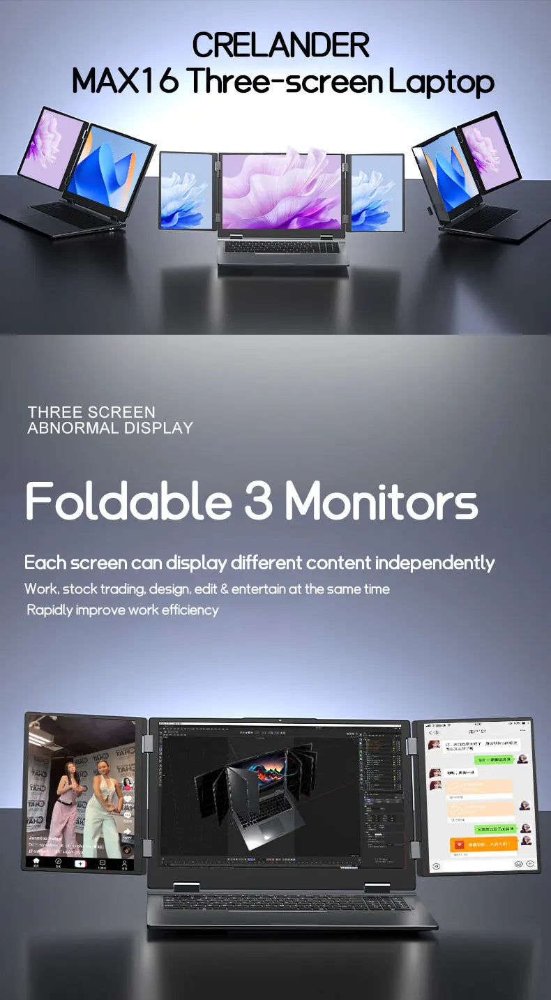 CRELANDER MAX16 New Laptop Triple Screen Intel Core i7 CPU 16 inch +dual 10.5 inch Face Recognition RJ45 M2 SSD Notebook Laptop
