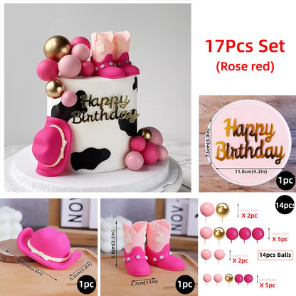 Chapeau de Cowboy rouge Rose, boules de bottes, décoration de gâteau, Cowboy de Cowgirl occidentale, décor de fête prénatale d'anniversaire, fournitures à thème de ferme occidentale