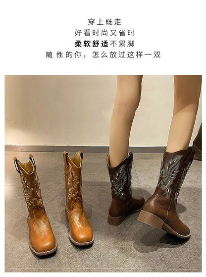 Versatile Western Cowboy Boots Summer Coarse Heel Embroidered Sleeve Knight Boots Mid Barrel Square Head Horseshoe Large