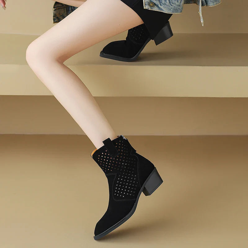 2025 Spring Autumn Chelsea Boots for Woman Cow Suede Pointy Toe Wedge Heel Ankle Boots Cutouts Comfortable Cowboy Boots Female
