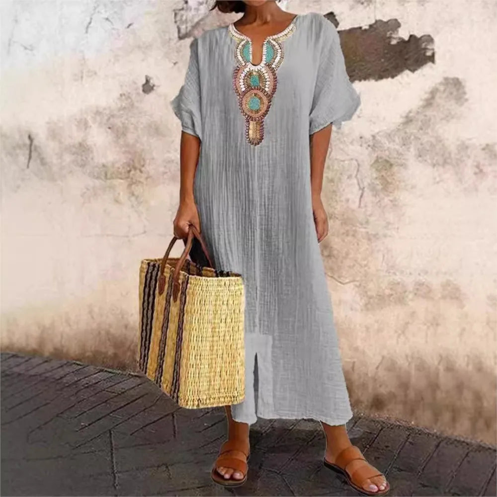 Embroidered Fashion O-Neck Short Sleeve Women Dresses Summer New Casual Unique Slit Dress Elegant Female Vacation Dress Robe