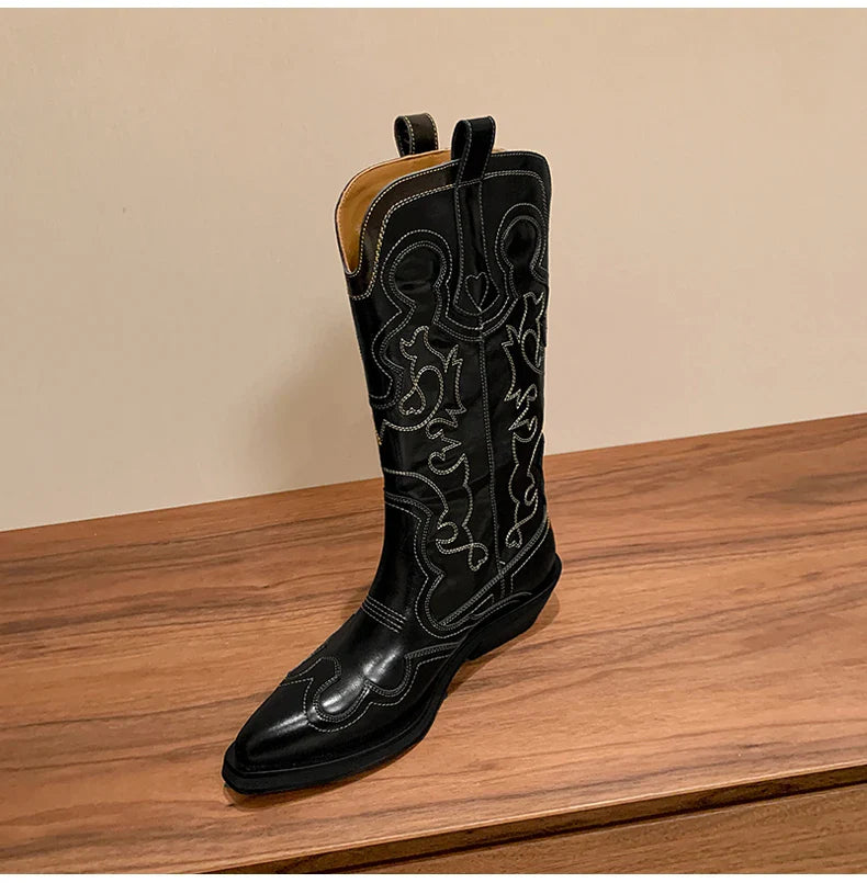 Bottes de cowboy Western Ods pour femmes en cuir véritable brodé, bout pointu, mi-mollet, style rétro, décontractées, de haute qualité