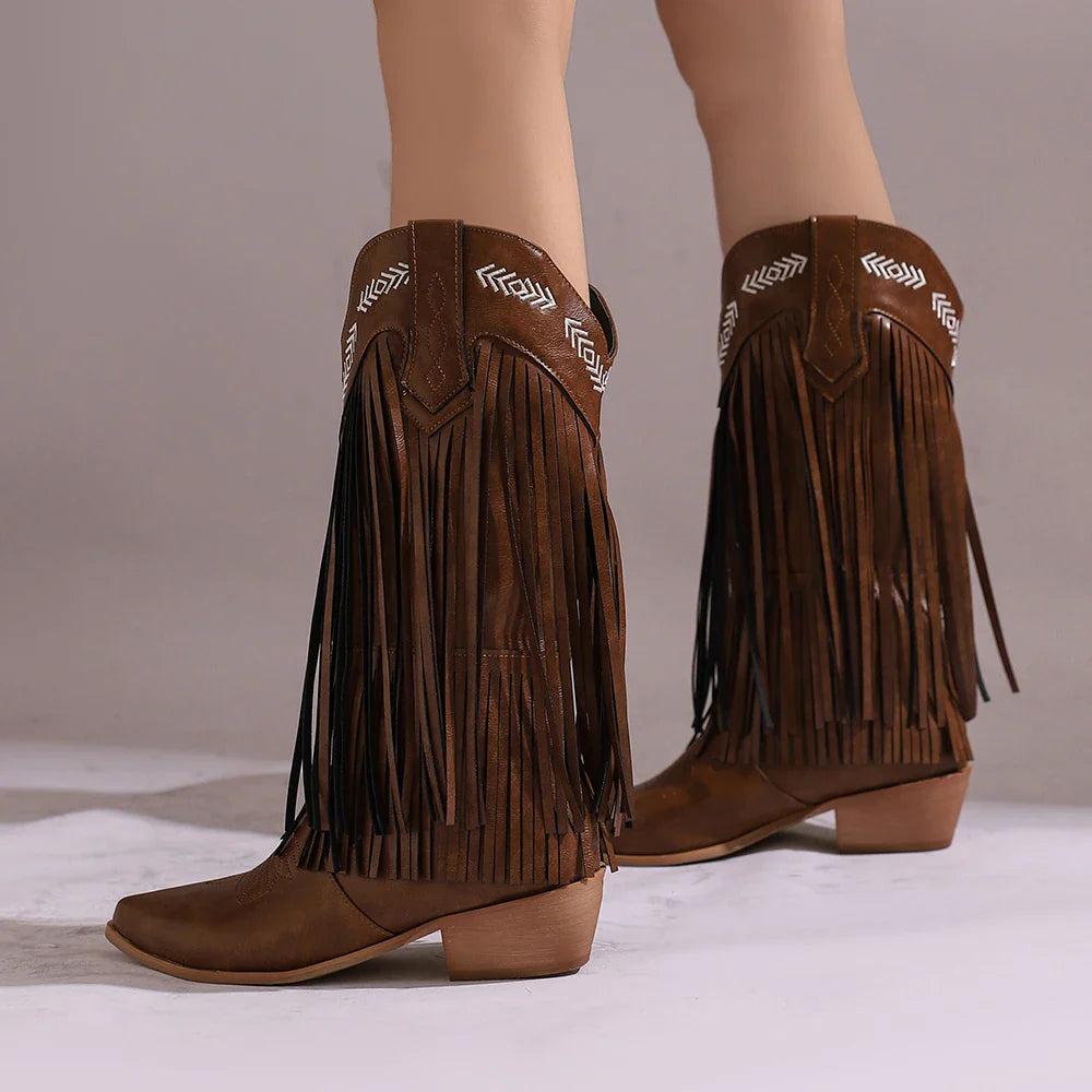 Bottes de cowboy pour femmes, brodées, à glands, talons épais, bout pointu, roses, de style western, bottes compensées sans lacets pour femme