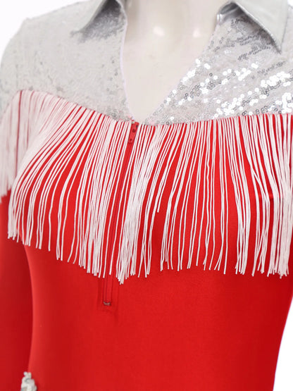 Womens Sequins Western Cowgirl Cosplay Costume Tassel Fringe Boyshorts Rompers 70s 80s Disco Bodysuit Front Zip Playsuit