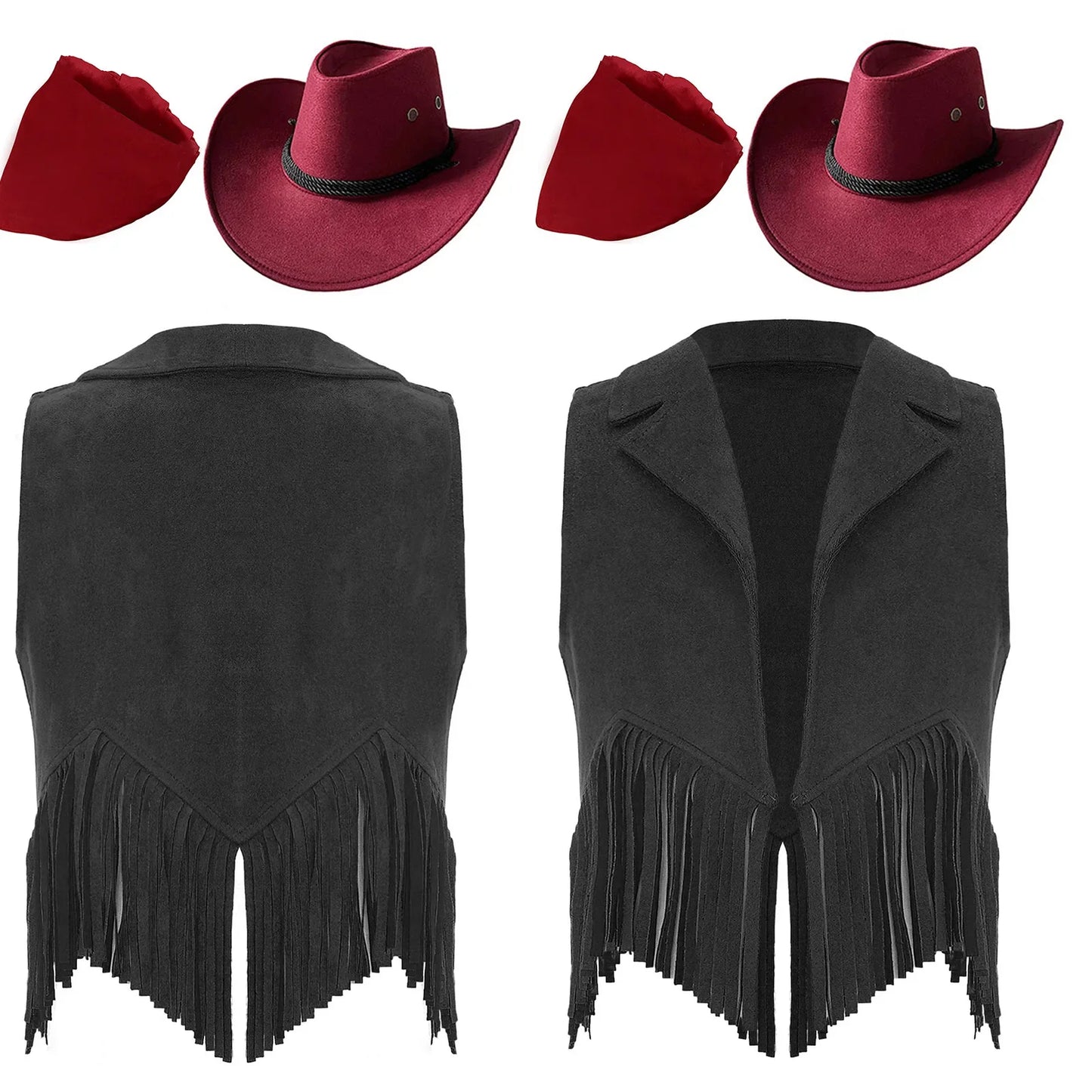 Girls Western Cowboy Cowgirl Cosplay Costume Open Front Retro Suede Tassels Vest with Bandana Scarf Hat for Halloween Carnival